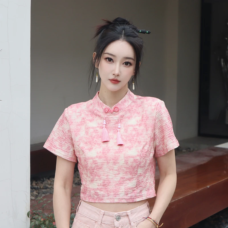 IcyNude官方店桃花酝流苏T恤新中式短袖短款上衣女春季新款