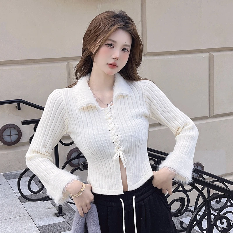 ISTYNI/卿苔官方店绑带螺纹修身针织上衣显瘦毛衣开衫女秋冬