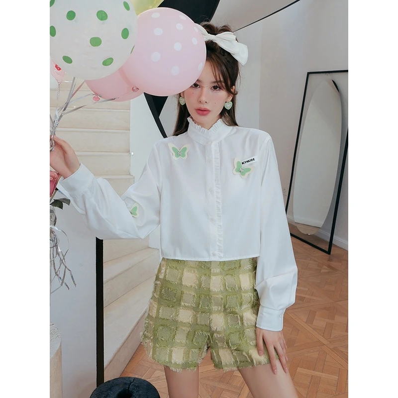 ICYNUDE小立领蝴蝶衬衫短款长袖上衣女春秋季（不含配饰）