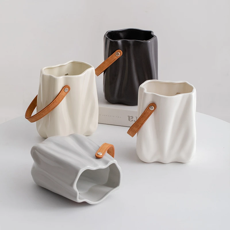 奶油风创意手提包陶瓷花瓶高级感客厅插花摆件餐桌水养鲜花装饰品