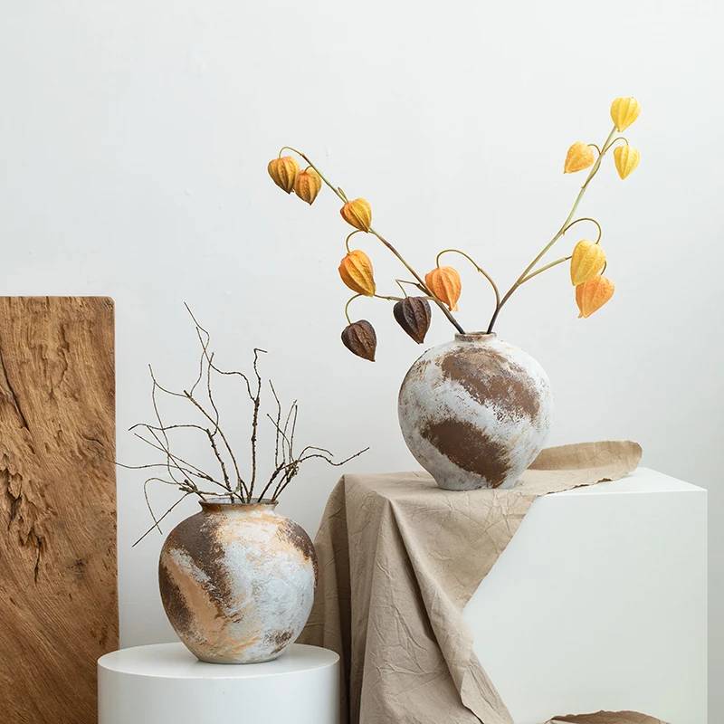 复古侘寂风陶瓷花瓶摆件民宿高级感水培鲜花客厅玄关插花装饰陶罐