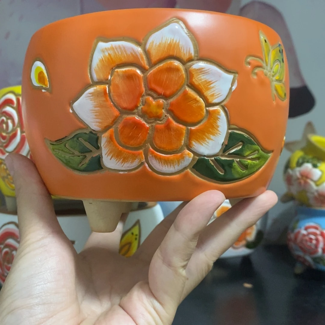 红陶20CM以下韩式手绘多肉花盆
