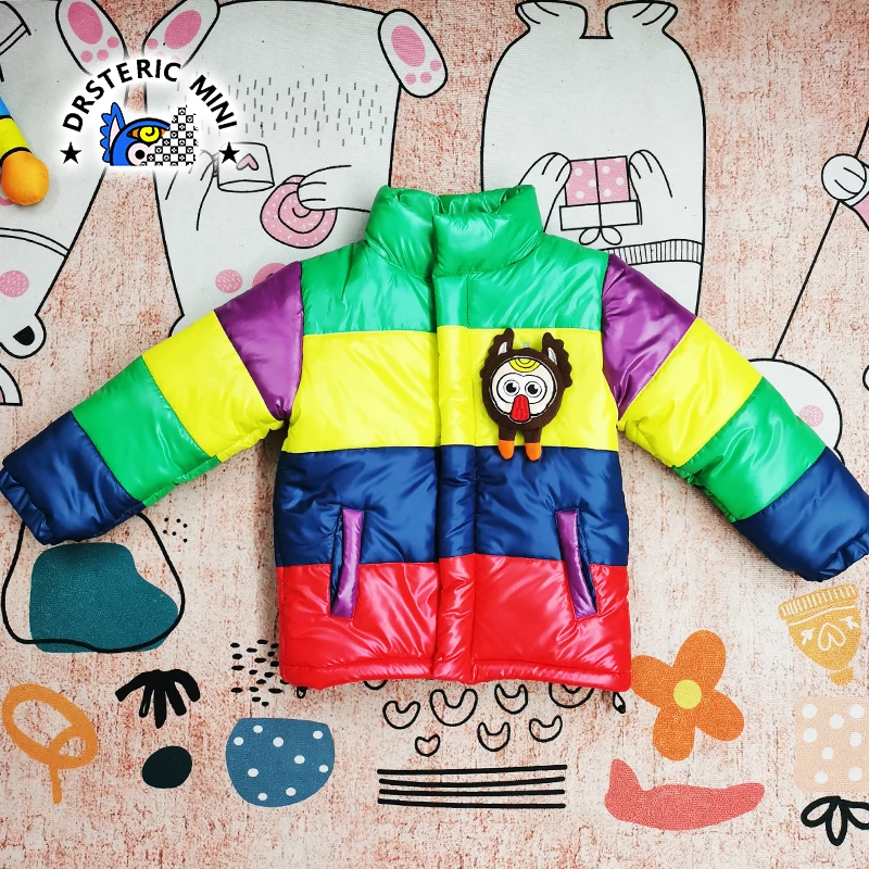 潮牌休闲彩色拼接棉服中大儿童加厚棉衣外套女男童冬卡通玩偶棉袄
