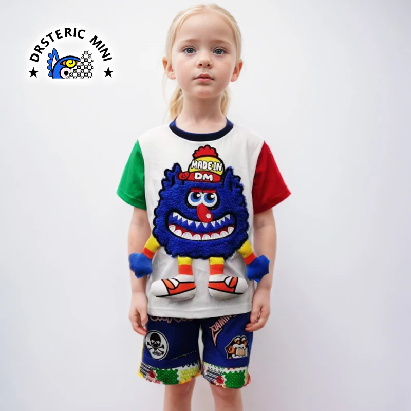 潮牌休闲圆领T恤休闲短袖衫拼色简约上衣男女童卡通毛绒全棉T恤套