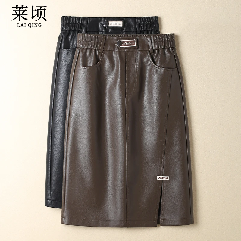 松紧高腰PU皮裙女半身裙秋冬2025年新款显瘦百搭直筒裙开叉一步裙