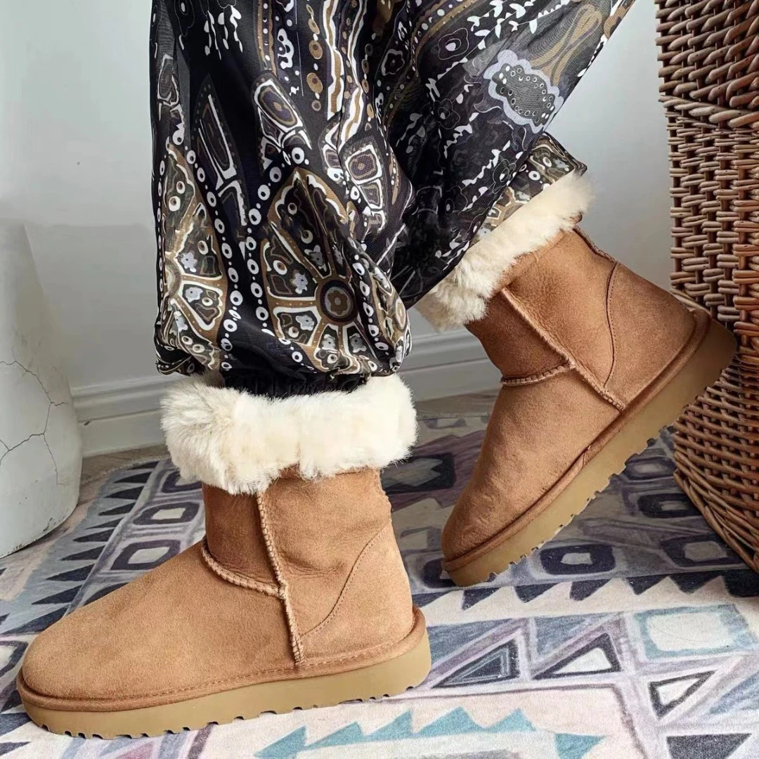 【羊皮毛一体雪地靴】桑坡经典版女士中筒两穿加绒保暖雪地靴