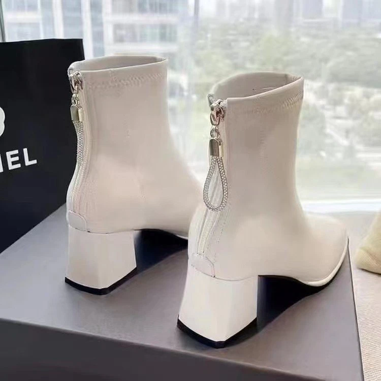 高跟短靴女2023新款秋冬粗跟法式踝靴方头白色单靴加绒短筒瘦瘦靴