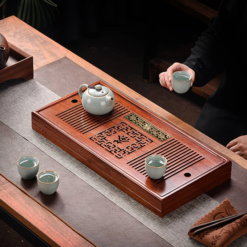 高端花梨木茶盘功夫茶具泡茶台家用新中式实木茶托盘简约排储两用