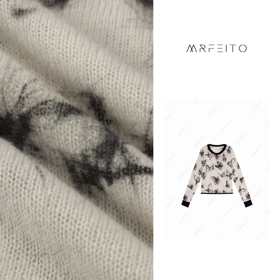 “翩翩起舞”秋季时尚蝴蝶图案羊毛女士长袖针织衫H935M01Q28031