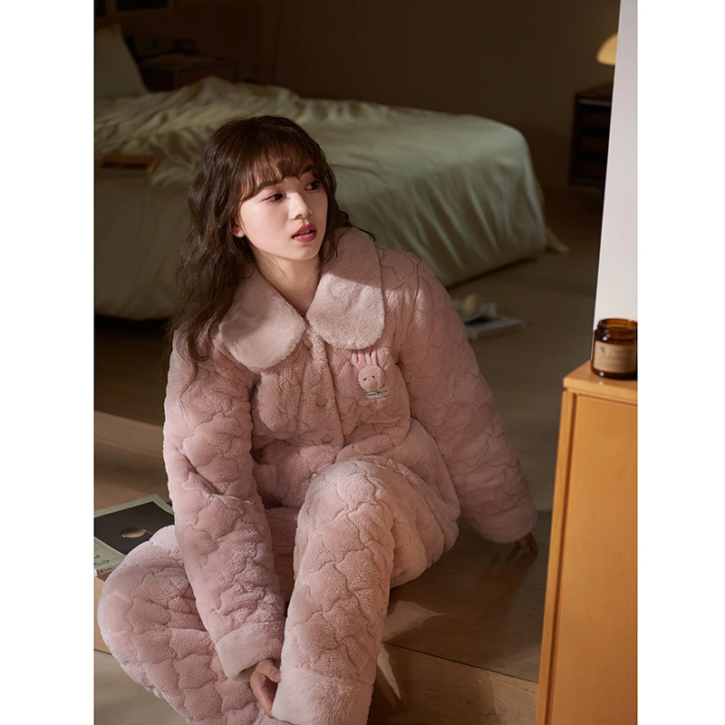 思莉太太【少女专属】睡衣女款冬季三层夹棉加厚甜美粉色珊瑚绒套装