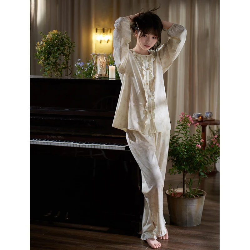 思莉太太【柔光铃兰】莫代尔棉睡衣女款秋季圆领法式温柔宽松家居服