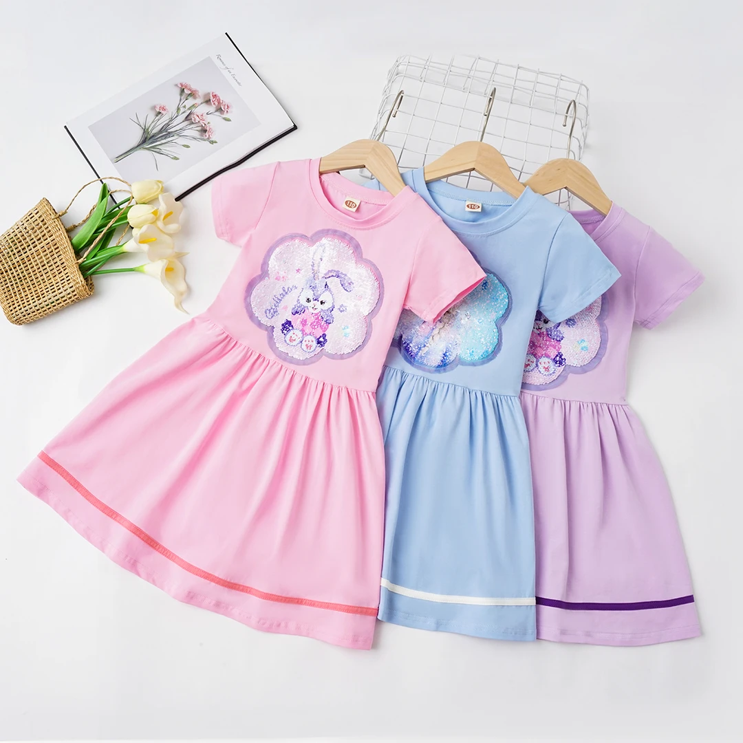 艾莎公主裙秋季女童连衣裙亮片变图案儿童衣服纯棉洋气长袖T恤裙