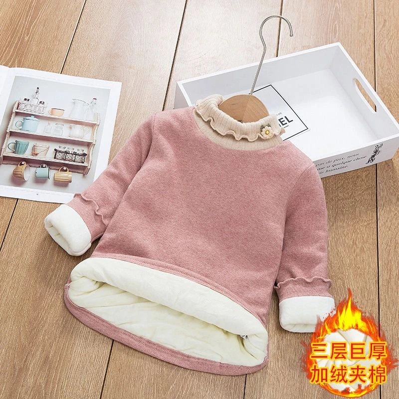 女童加厚保暖衣三层中大童冬季加棉打底衫加绒半高领洋气色绒布