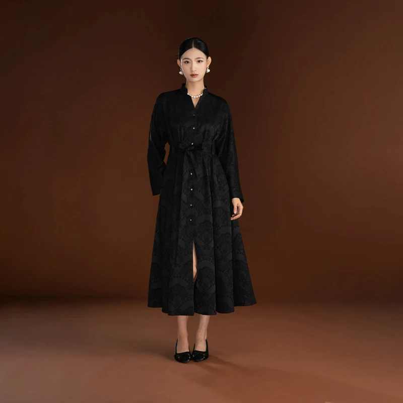 JIXIANGYIJIA/吉祥衣家罗马假日黑色连衣裙复古秋冬944237243