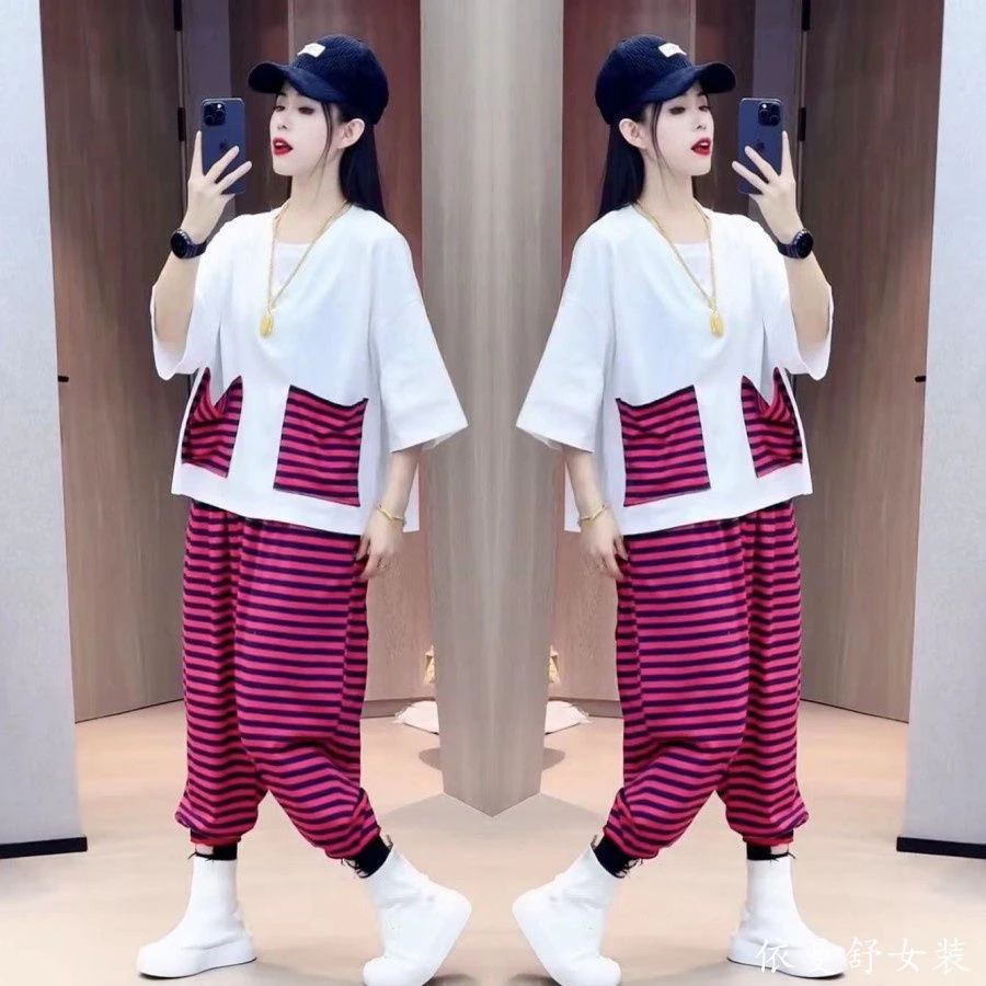 欧货潮牌休闲套装初秋新款时尚大口袋八分袖T恤垮裤宽松两件套