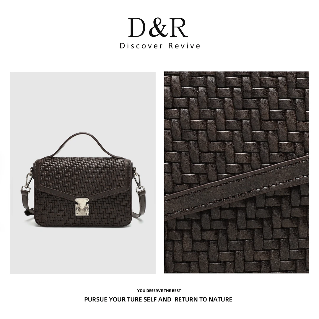 Discover Revive新款原创设计复古植鞣手工编织邮差包E532-乌木色