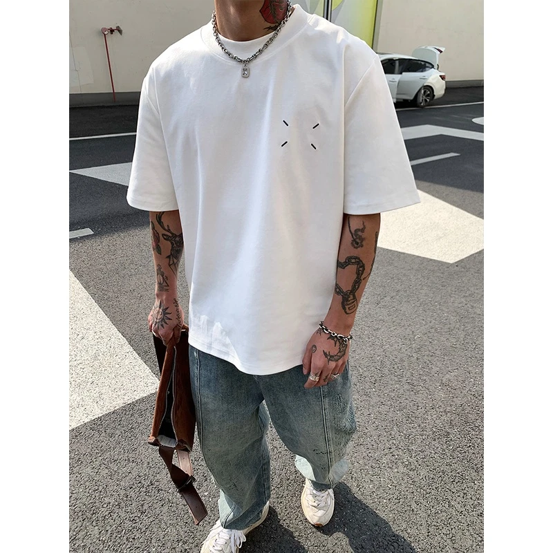 OXFREAK「定制缝针四点刺绣」300G重磅高定双面针织短袖T恤男宽松