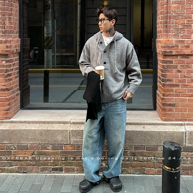 OXFREAK 24FW「排扣V领 六股纱」韩系连帽毛衣男套头秋冬季针织衫