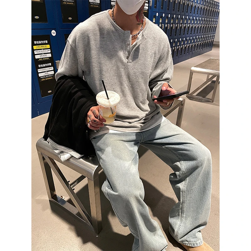 OXFREAK「褶皱肌理面料」假两件亨利领休闲长袖T恤男秋季内搭打底衫