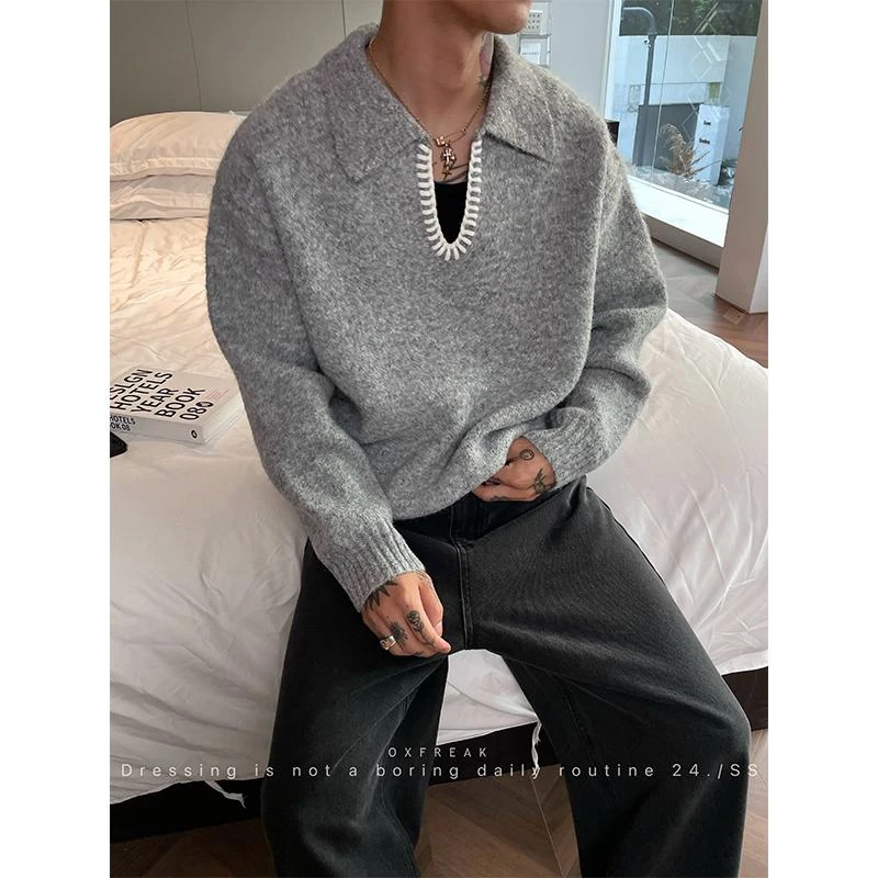 OXFREAK 24FW「8%羊毛混纺」提花V领针织衫男秋冬老钱风翻领毛衣