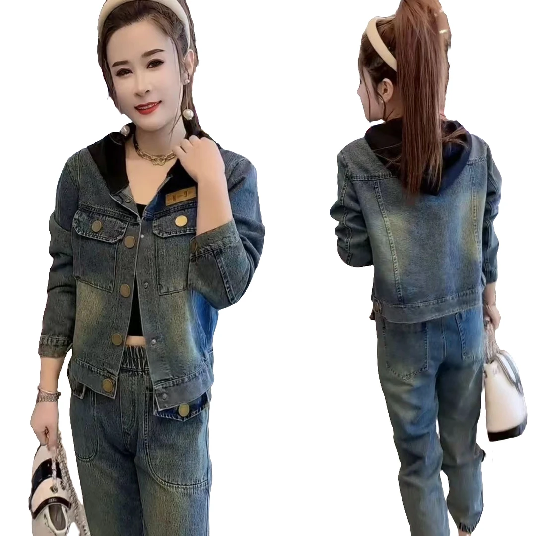 韩版时尚连帽复古牛仔套装女2025秋季慵懒宽松外套显瘦洋气休闲裤