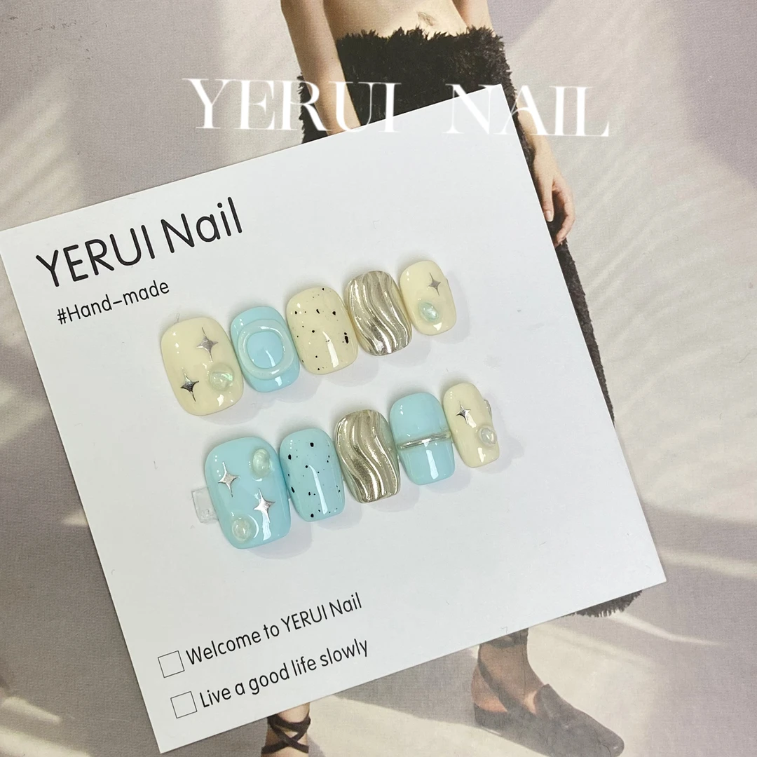 YR【椰子海】光疗美甲手工短款穿戴甲手绘高级感立体小众美甲穿戴甲