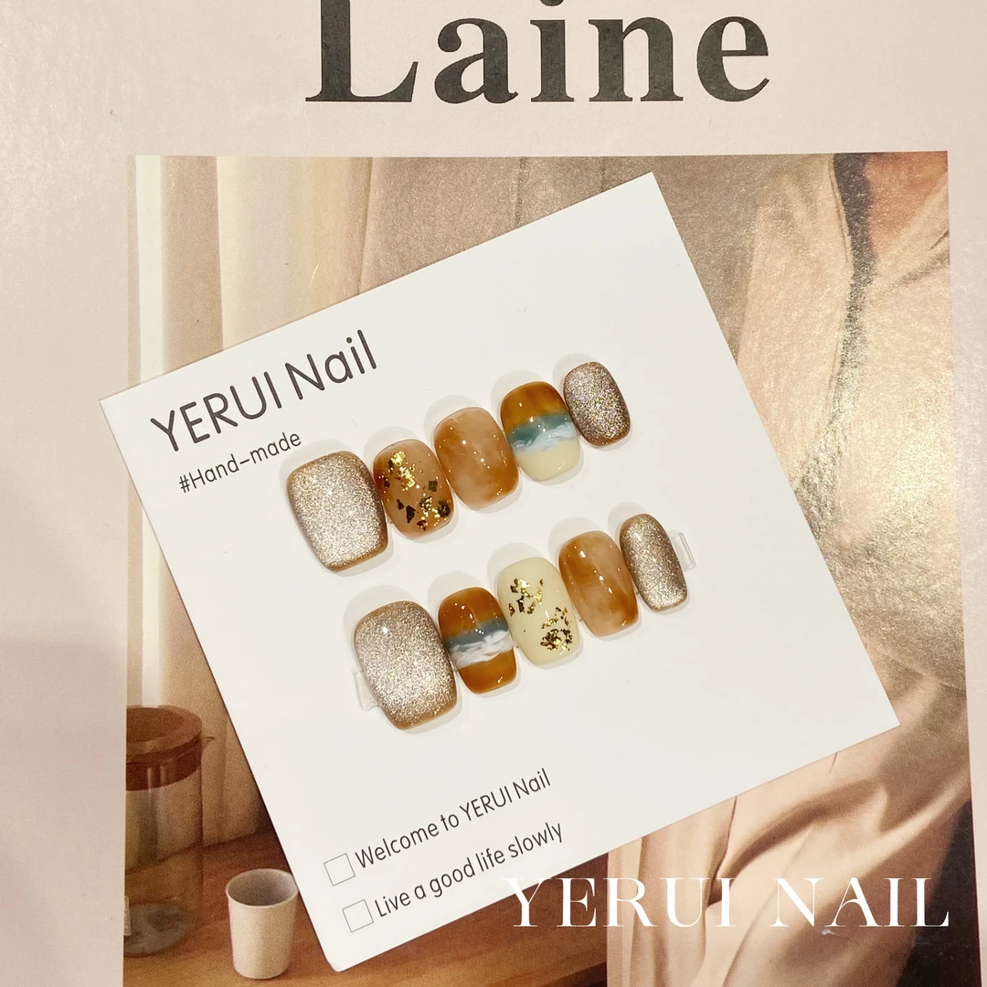 YR设计师款【可可奶茶】光疗美甲手工短款穿戴甲手绘晕染高级感猫眼