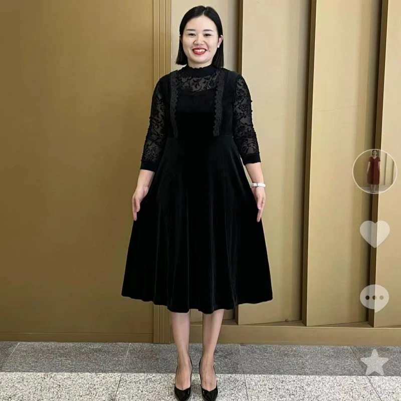 1187新款半高领丝绒时尚妈妈装打底连衣裙