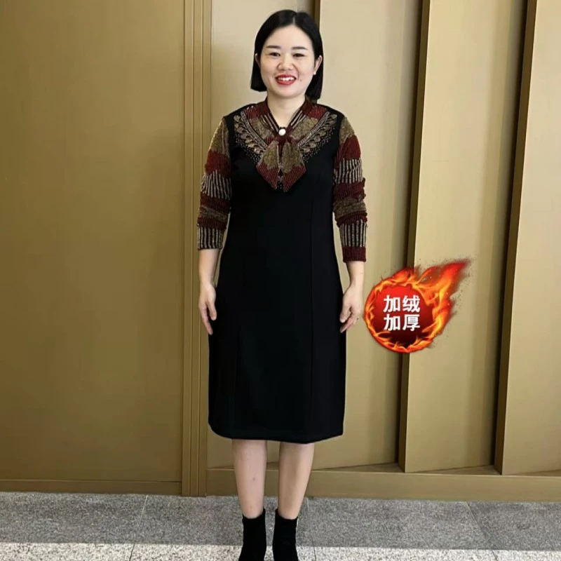 2024冬季新款加绒加厚飘带洋气拼接假两件显瘦气质连衣裙