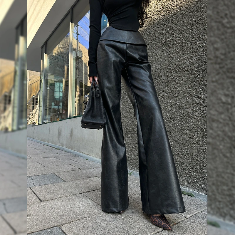 HELEN【都市时髦精】中低腰秋冬复古辣妹高级感翻边喇叭皮裤K482