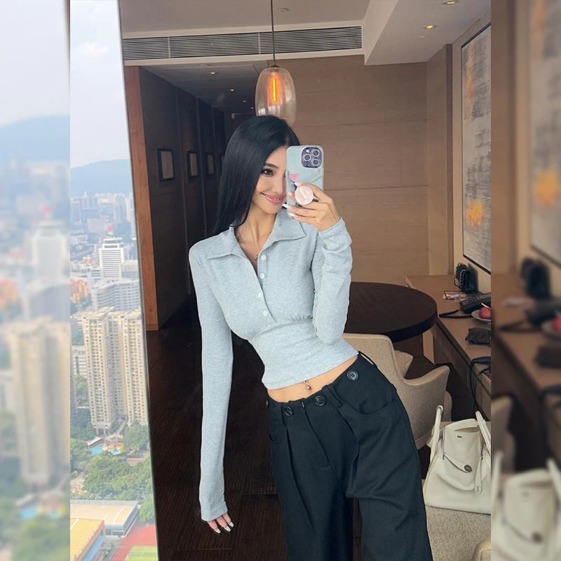 HELEN/经典基础百搭/POLO翻单排扣正肩收腰显瘦显气质短上衣S837