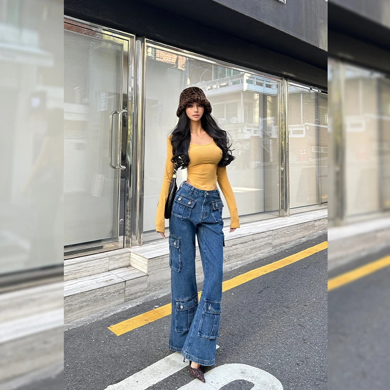 HELEN【工装凡尔赛】中低腰多口袋设计美式工装复古直筒牛仔裤K475