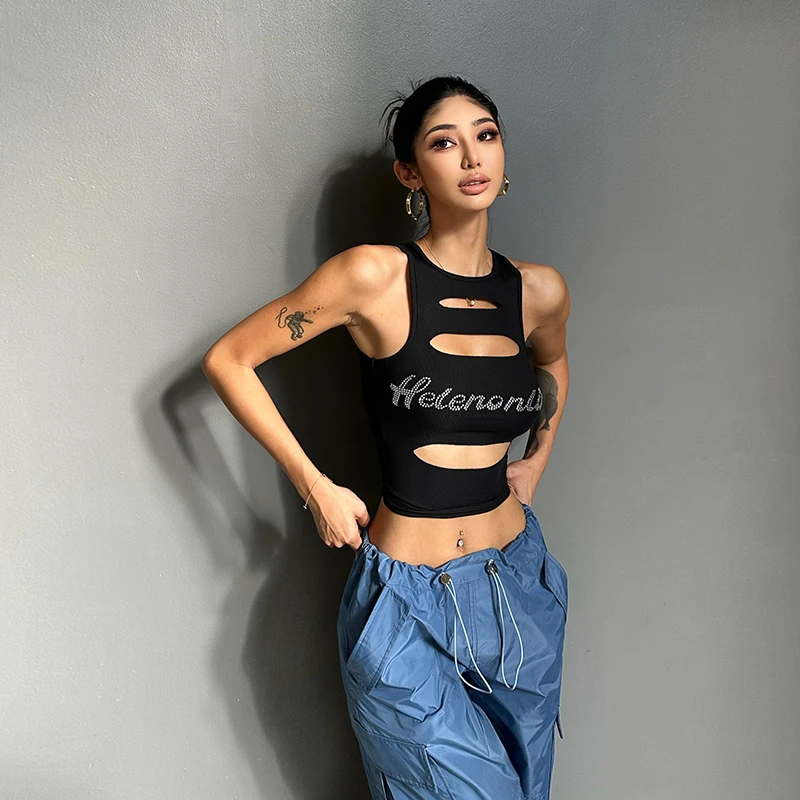 Helen 美式镂空吊带背心女2023夏季新款复古辣妹性感烫钻短款上衣