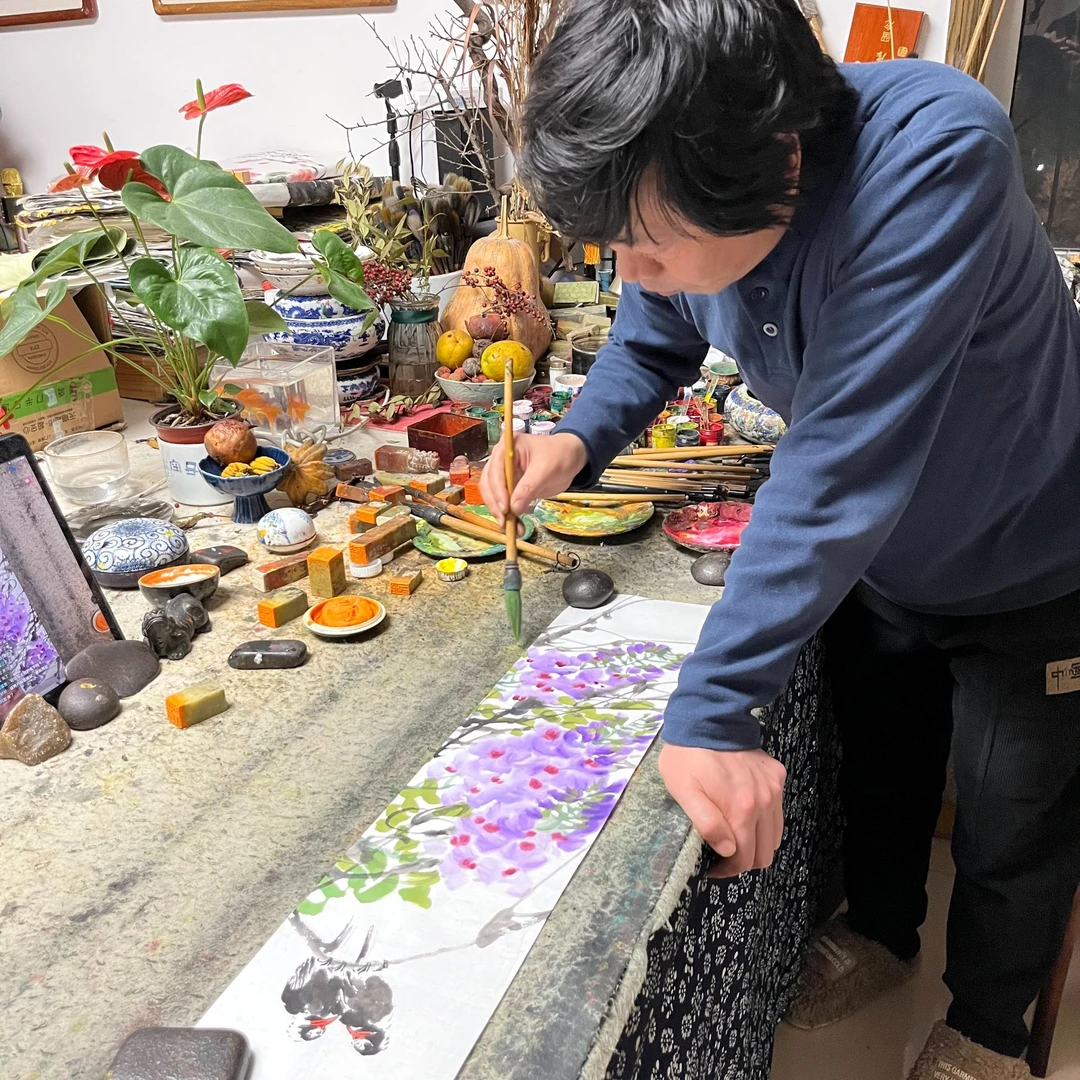 陈丹晖花鸟画 四尺八开 《紫藤》