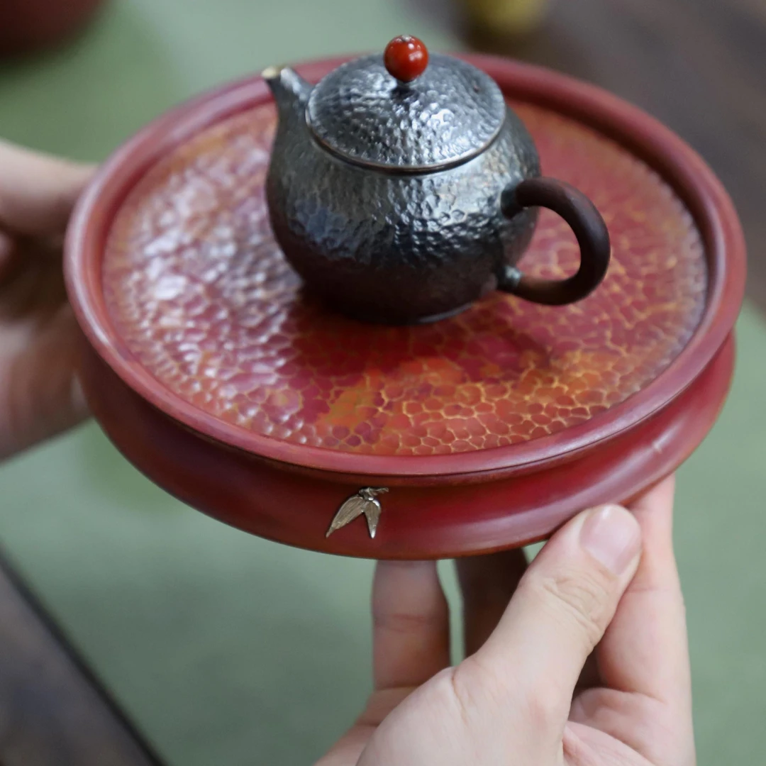 镶银竹叶纯铜锤纹壶承 干泡湿泡台纯手工茶道壶垫壶托 铜器配银壶