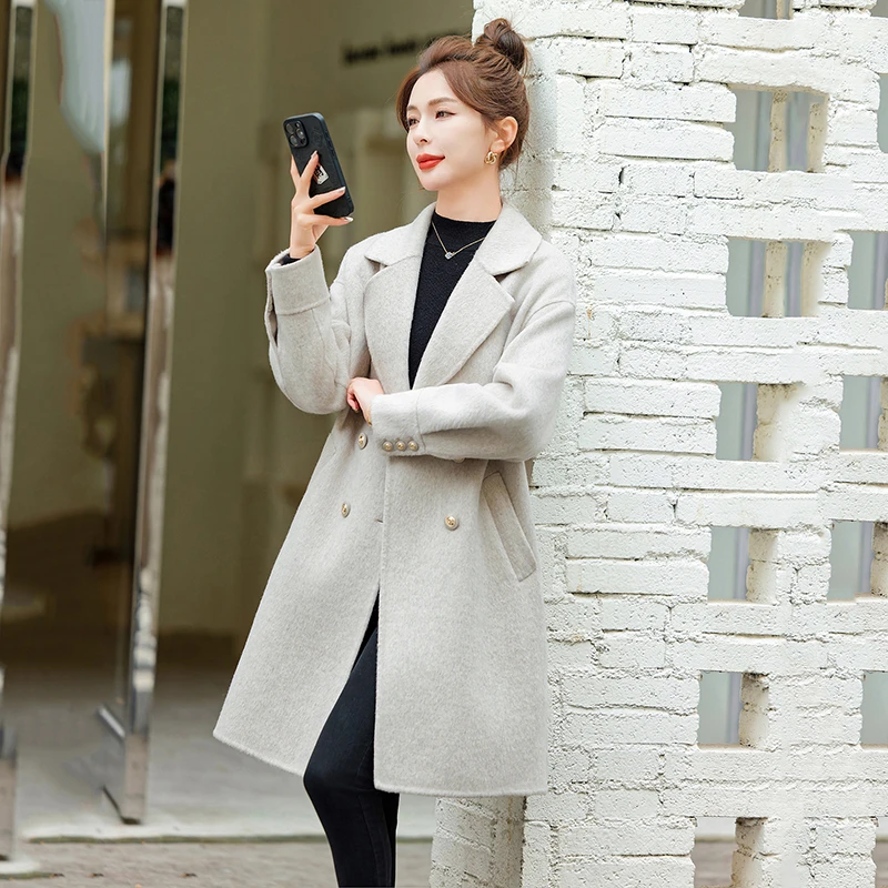 秋冬新款品质女装双面羊毛大衣外套 中长款毛呢大衣外套