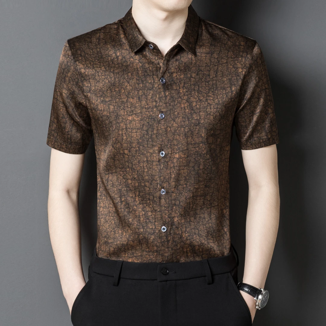 男士衬衫桑蚕丝短袖时尚暗纹香云纱高端桑蚕丝短袖修身高品质男装