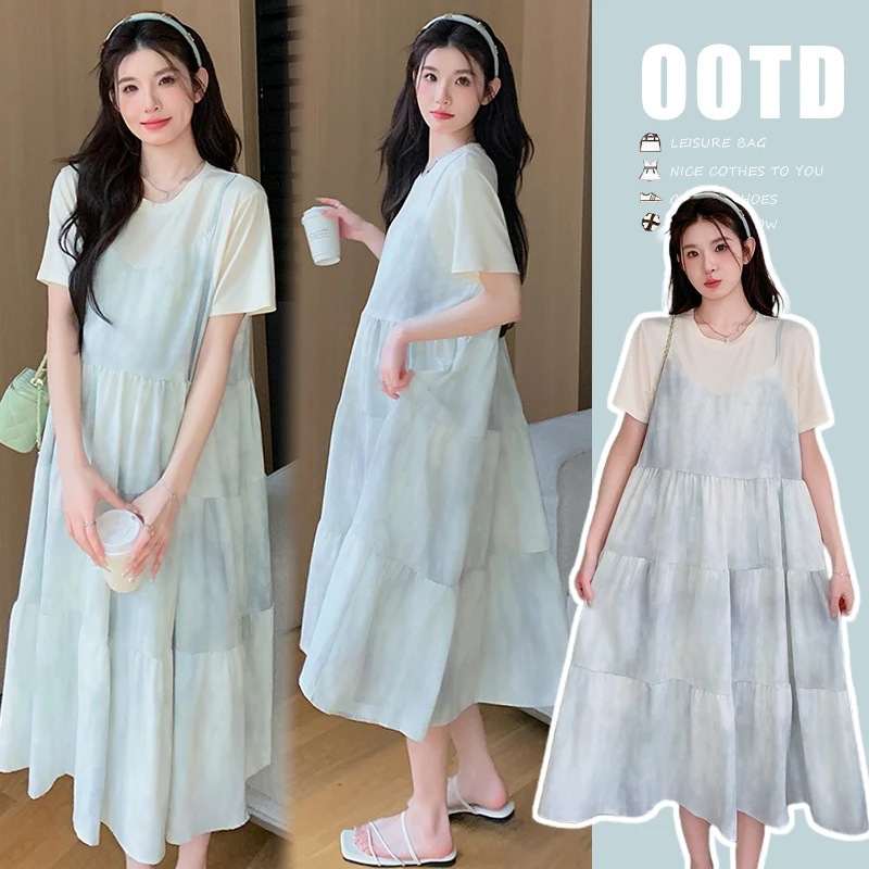 小众独特别致拼接吊带假两件连衣裙女夏慵懒气质宽松显瘦休闲裙子