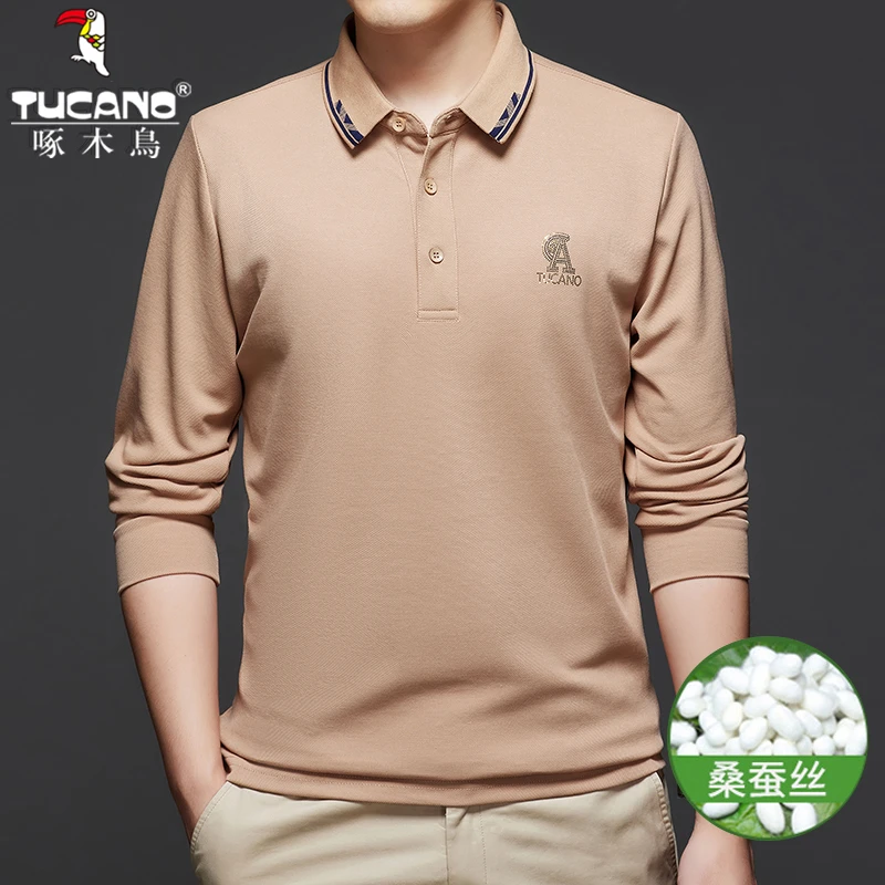 啄木鸟桑蚕丝长袖t恤男士秋季内搭打底衫男装翻领polo衫2391
