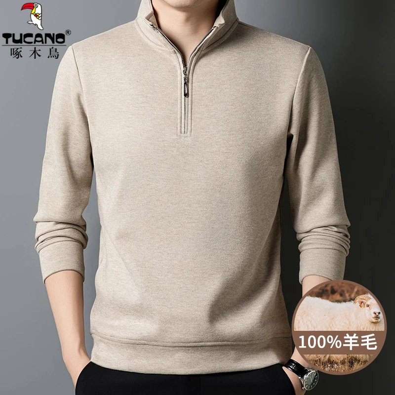 啄木鸟100%纯羊毛冬季男士拉链立领卫衣羊毛衫中青年休闲卫衣2478