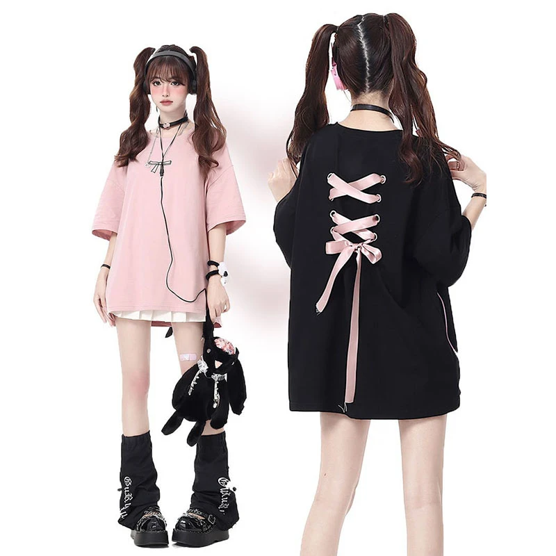 夏日新品设计感小众甜酷蝴蝶结绑带纯棉短袖t恤女宽松中长款上衣