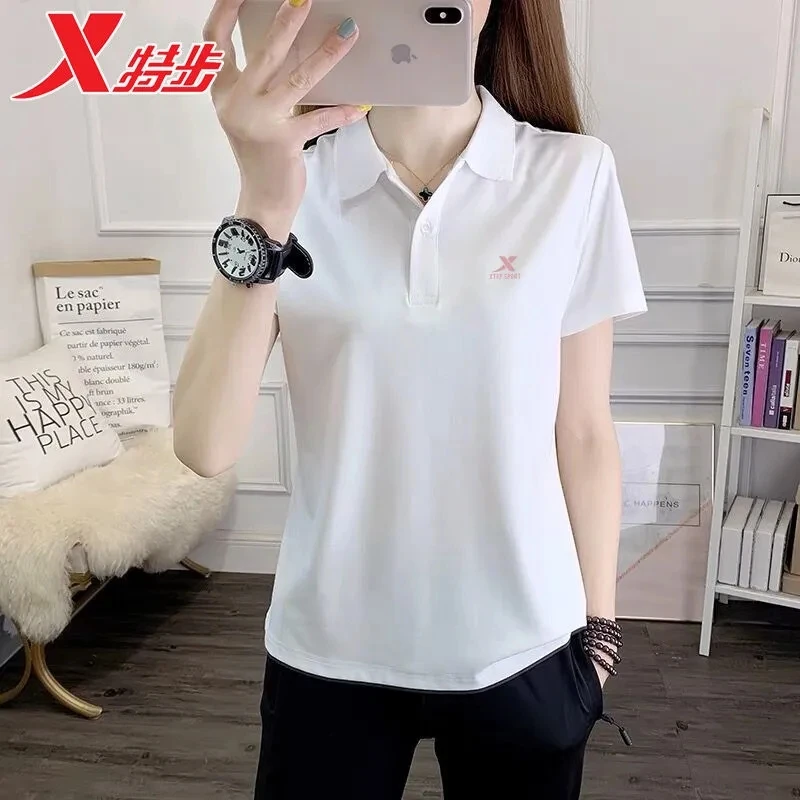 特步短袖T恤女夏季翻领polo衫官方正品中年妈妈夏装休闲运动上衣