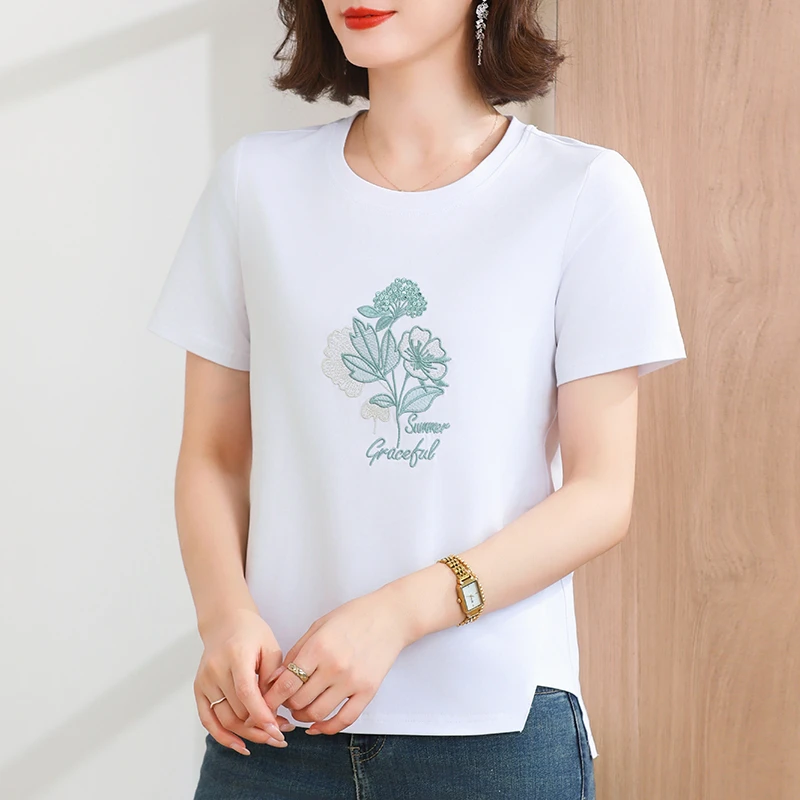 女士50-60岁短袖t恤女圆领减龄精致时尚刺绣休闲棉质中长款上衣