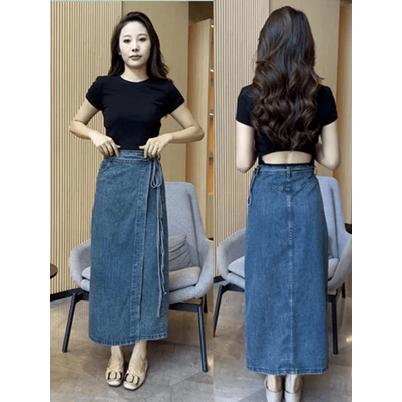 2024秋季收腰显瘦一片式系带开叉牛仔半身裙女后背露腰上衣两件套