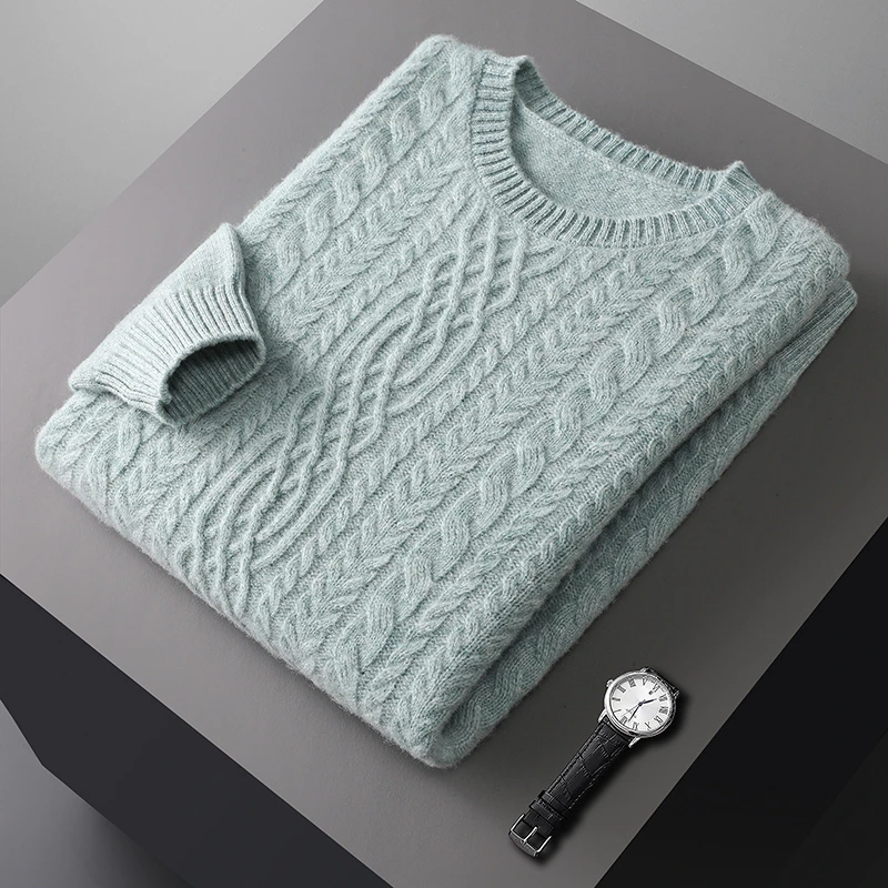 纯羊毛男士圆领加厚毛衣扭花纯色宽松休闲百搭针织打底衫