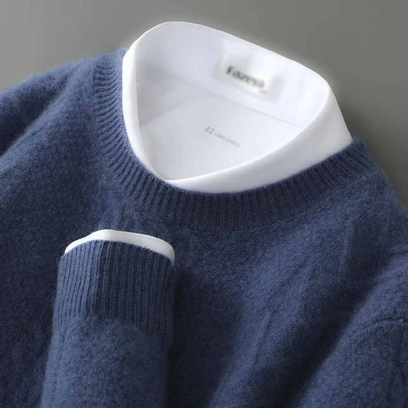 秋冬新款宽松加厚套头纯羊毛衫扭花休闲商务毛衣男圆领针织衫