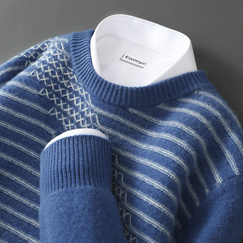 秋冬纯羊毛衫男士宽松圆领加厚拼色套头毛衣商务休闲针织羊毛打底