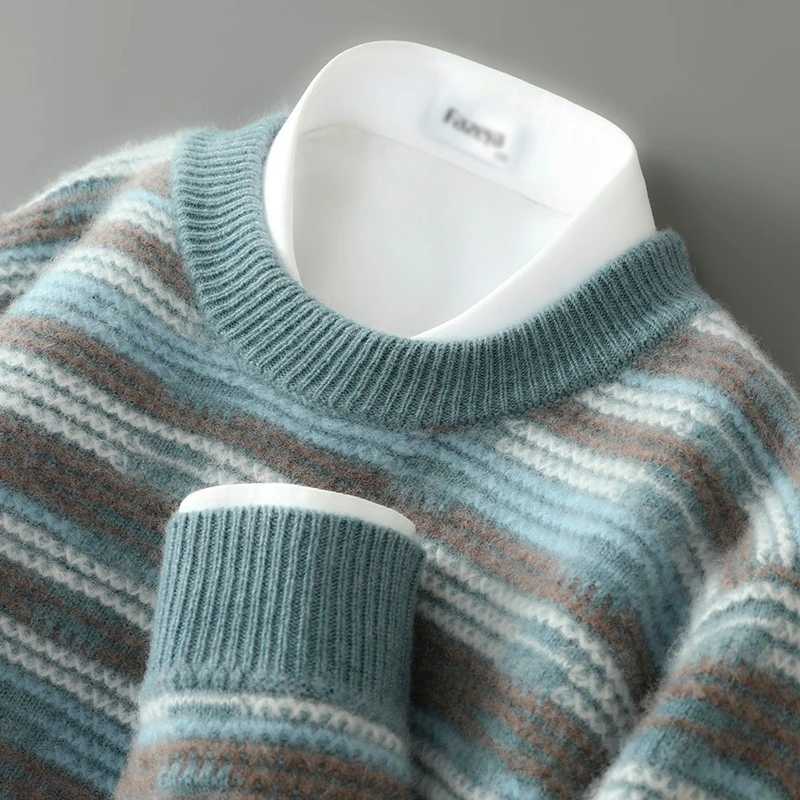 冬季圆领纯羊毛衫男士拼色条纹提花加厚内搭套头毛衣针织打底衫