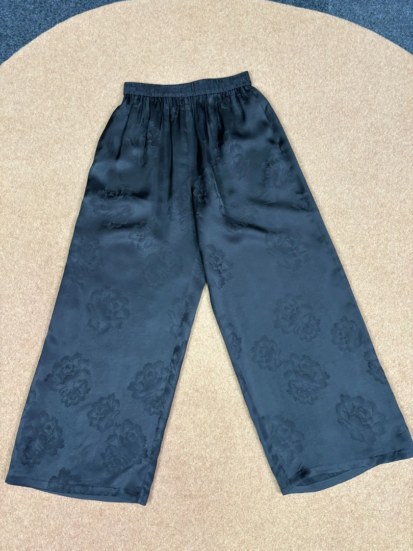 黑色宽松提花缎进口醋酸缎阔腿秋款裤直筒