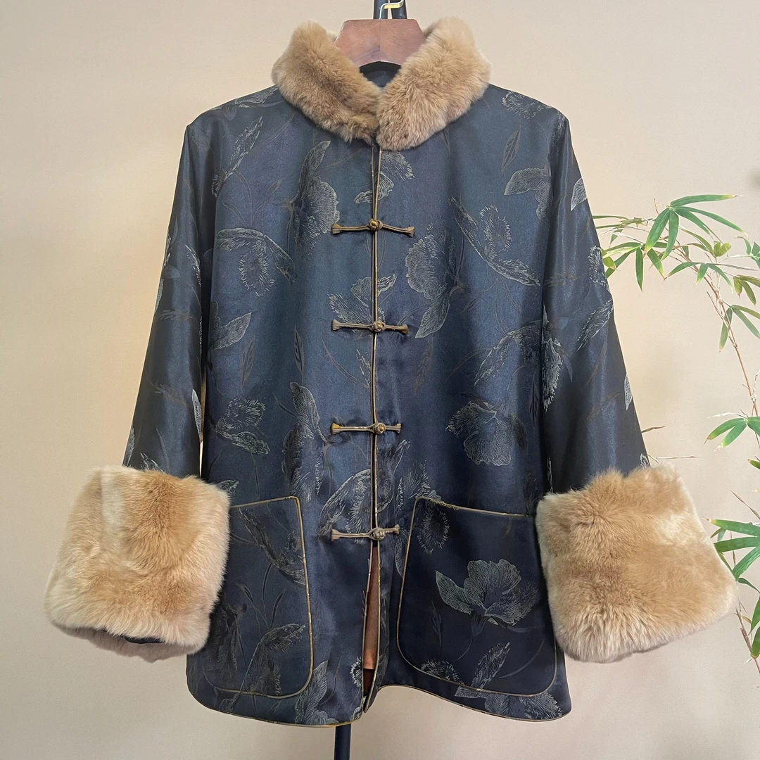 寨优袡复古新中式国风香云纱冬款中度棉卡兔毛姐姐服上衣